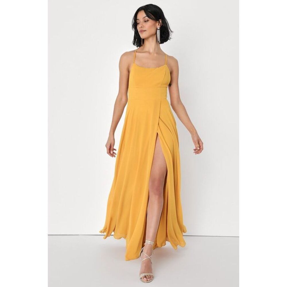 Lulus Dreamy Romance Mustard Yellow Backless Maxi Dress - Size L
